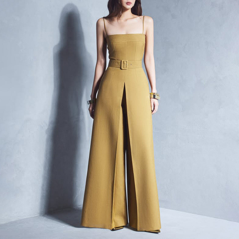 Thời Trang Thường Ngày Jumpsuit Nữ Mùa Hè 2025 Phong Cách Mới Dây Màu Trơn Slim-fit Cao Cấp Sling Quần Thẳng