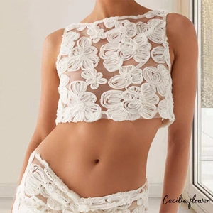 Áo Tank Top Nữ Không Tay Cổ Tròn Hoa Nhìn Xuyên Qua Mùa Hè Crop Top Clubwear