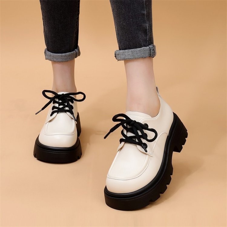 Giày da thường ngày buộc dây Miệng sâu mẫu mới mùa thu, giày một lớp đế dày 5cm mềm mại thoải mái đi ngoài hàng ngày màu trơn đơn giản thời trang PU