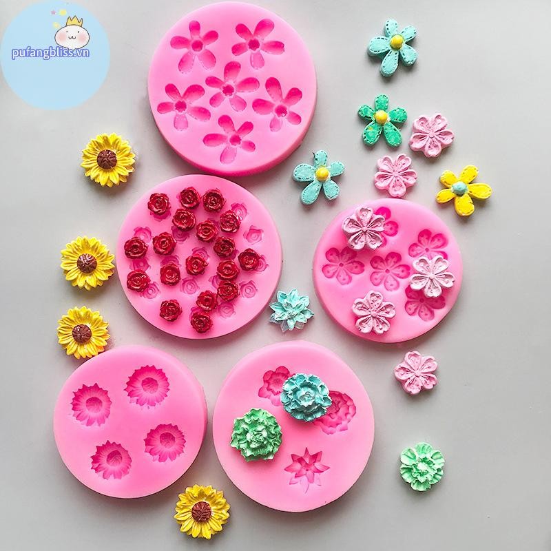 Pufangbliss Bộ sưu tập hoa đa phong cách Khuôn silicon DIY Bánh được trang trí bằng kẹo mềm dạng lỏng Khuôn nướng bánh nhà bếp VN