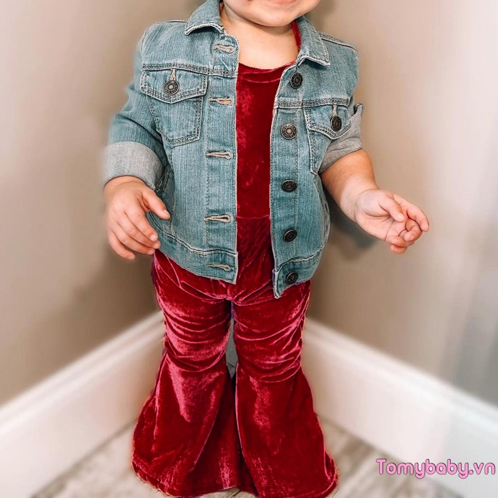 Trẻ Em Bé Gái Thu Đông Áo liền quần Ruffle Tay Nhung Một Mảnh Suspender Quần loe