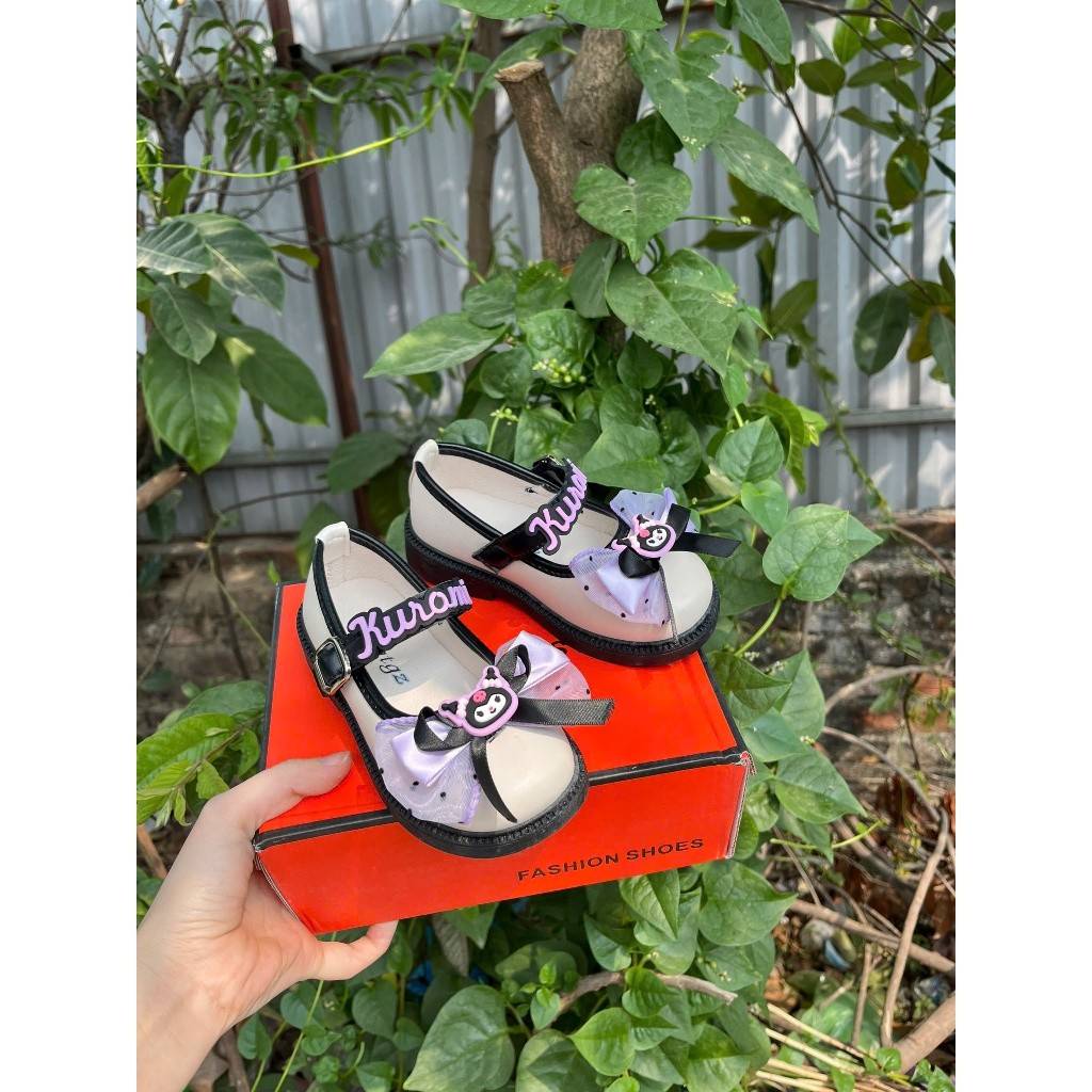 giày búp bê Kuromi bé gái giày bệt cho bé da PU mềm êm chân nơ chấm bi xinh xắn đen trắng QCCC full hộp Kuromi7003