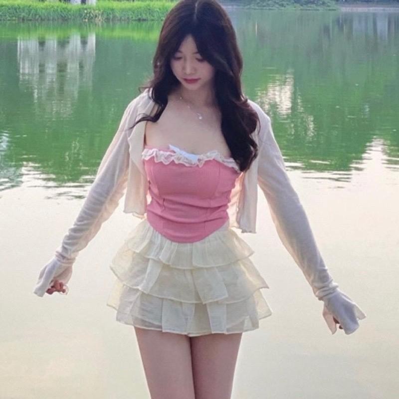 Sét 3 món áo ống phối ren 2 lớp có mút ngực + chân váy voan 3 tầng và áo khoác giấy Nữ