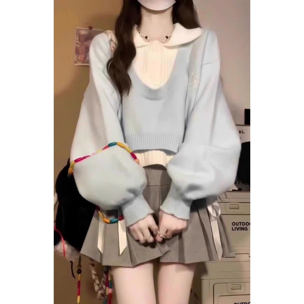 Áo len thu đông set 2 món thiết kế cổ sơ mi phối tay bồng hottrend XIMIMI SP242