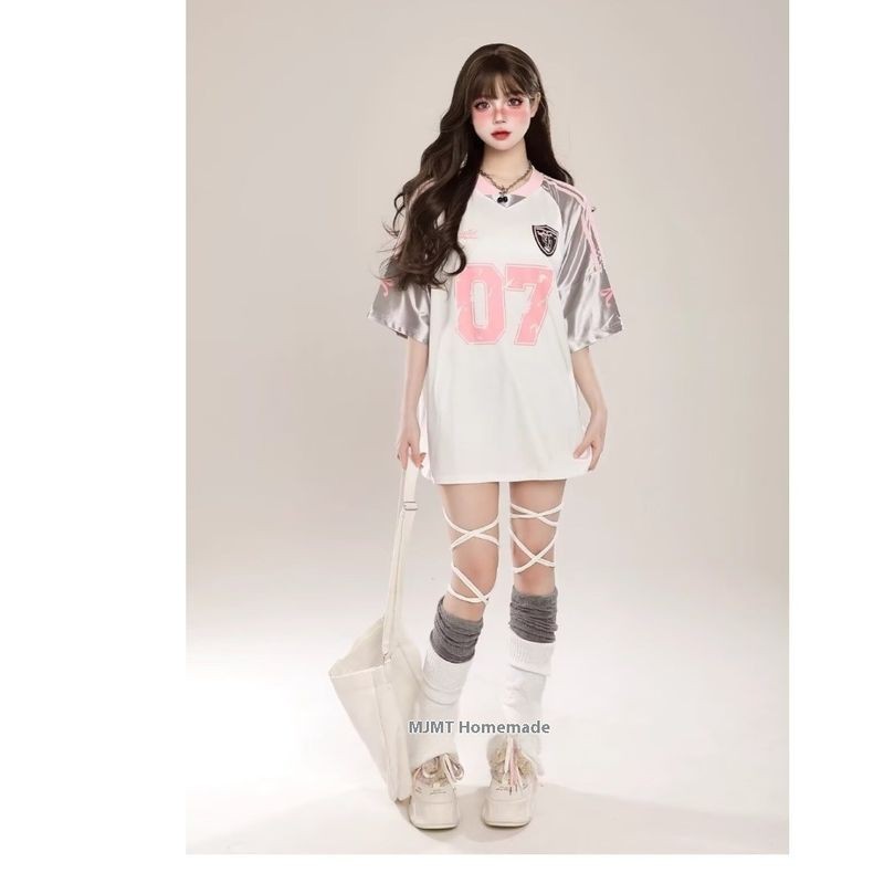 ThaliaWisp Áo Thun Nam Mỹ Retro Khâu In Hình Mùa Hè Phong Cách Thể Thao Rời Cổ Chữ V Jersey