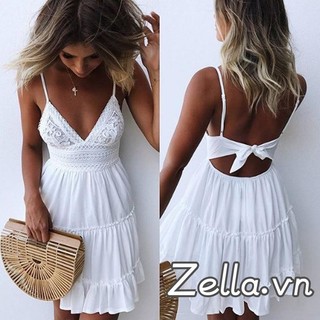 Phụ Nữ Mùa Hè Mini Cami Đầm Không Tay Mở Lưng Cổ Chữ V Tầng Ren Spaghetti Dây Đeo Váy