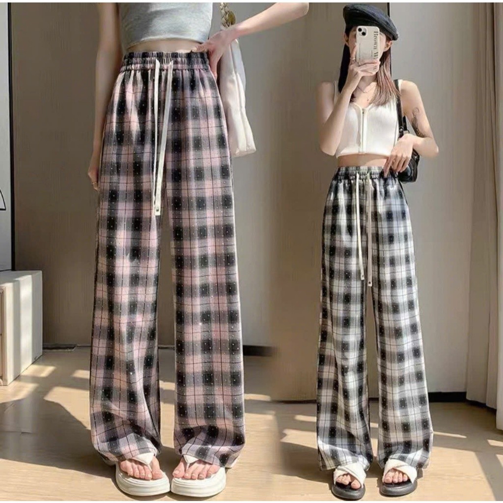 Quần Ống Rộng Kẻ Caro Đính Đá Siêu Hot Chất Vải Thô Mềm Mại Thoáng Mát