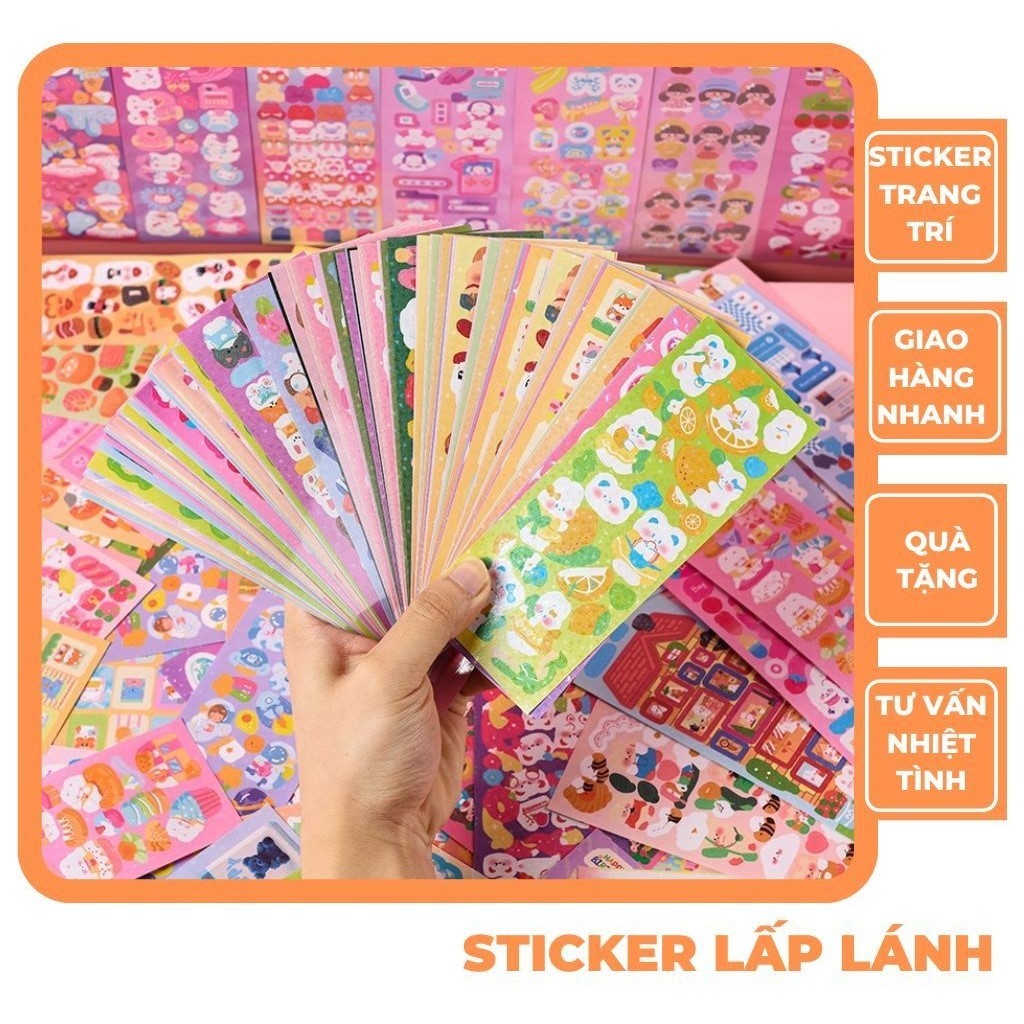 Combo 100 tấm sticker KHÔNG TRÙNG lấp lánh trang trí 12*4cm