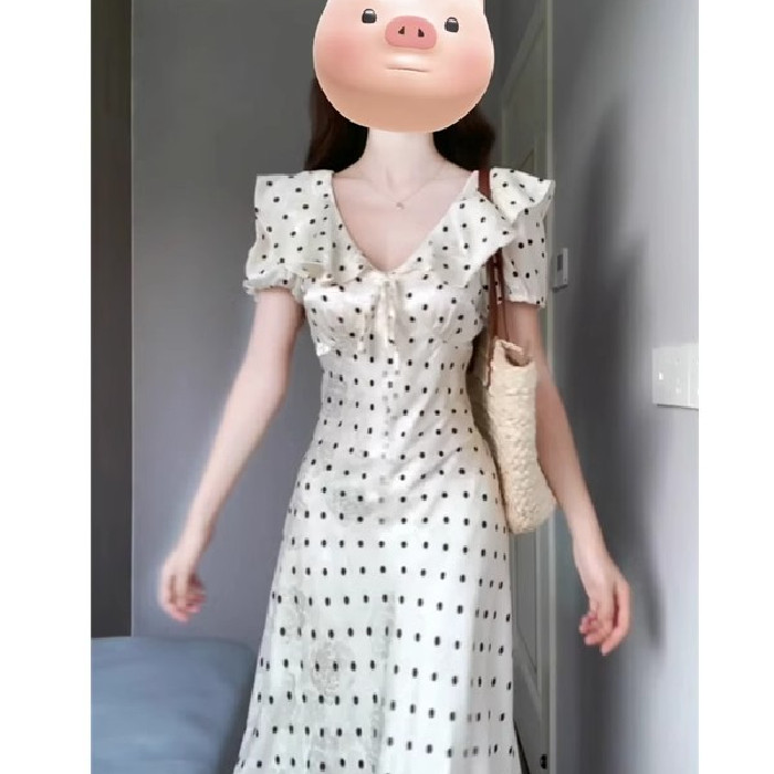 Đầm tay phồng chấm bi kiểu Pháp cho phụ nữ, kỳ nghỉ hè bãi biển, eo nhẹ nhàng, đầm nhỏ thanh lịch