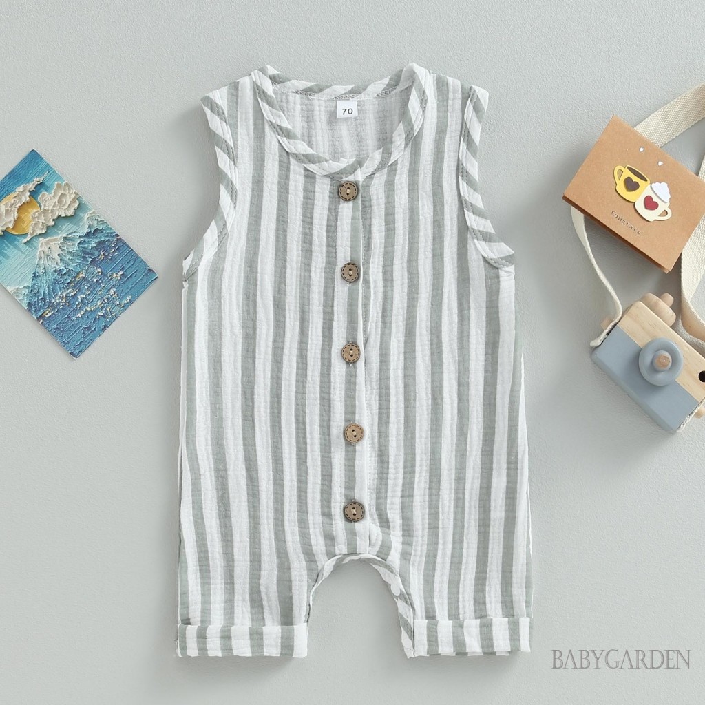 / / -Baby Bé Trai Bé Gái Áo Liền Quần Vải Lanh Cotton Nhẹ Thoáng Khí Không Tay Sọc Nút Ngắn Áo Liền Quần Trang Phục Mùa Hè Thu