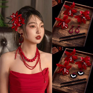 1 bộ kẹp tóc màu đỏ cho cô dâu phụ kiện đám cưới mới