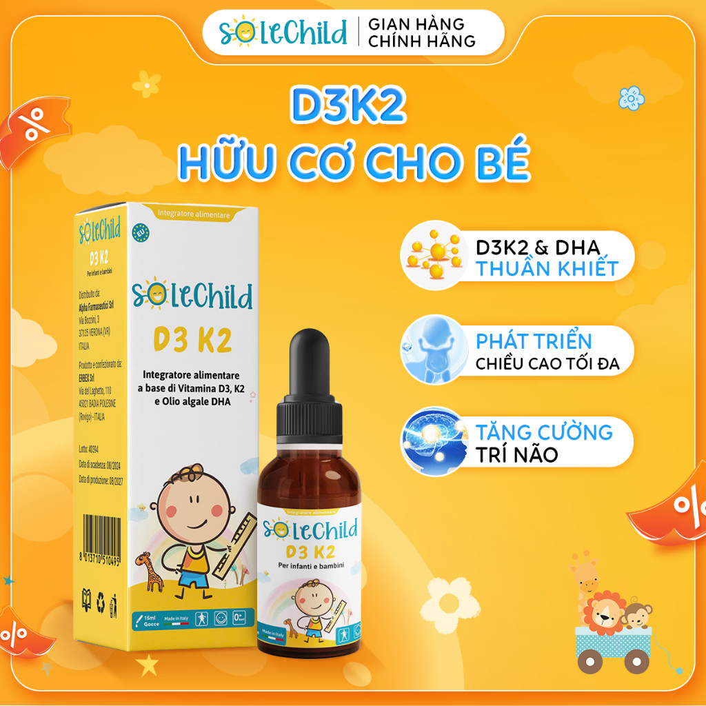 D3K2 Plus DHA Tinh Khiết Hữu Cơ Cho Bé SOLECHILD D3K2 Phát Triển Chiều Cao, Xương Răng Chắc Khỏe
