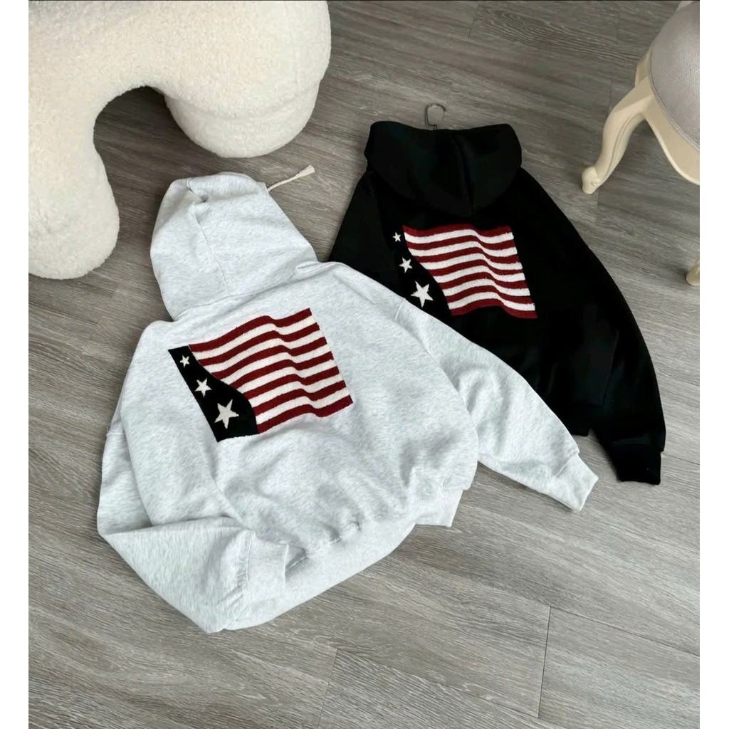Áo khoác nỉ  Hoodie díp Nỉ Unisex Form Rộng, Áo Hoodie Form - Áo khoác Nhiều Màu Nam Nữ Tay Phồng- Lá Cờ Mỹ
