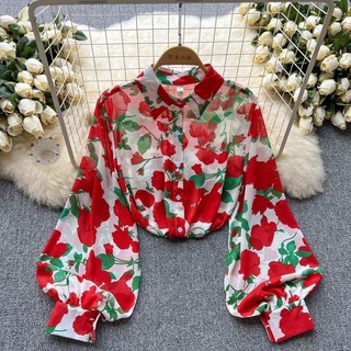 Người Nổi Tiếng Pháp Phong Cách In Hình Voan Bên Ngoài Hàng Đầu Nữ Phong Cách Phương Tây Rời Polo Cổ Đèn Lồng Tay Áo Sơ Mi Mỏng Hoa 24.10.30