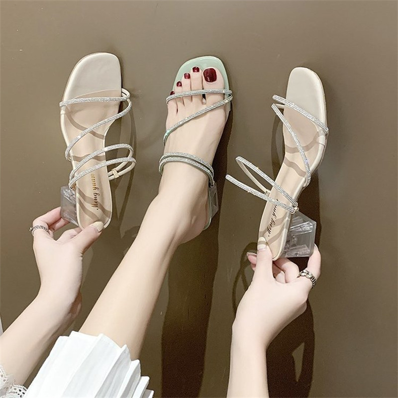 🔥Còn hàng🔥Giày sandal nữ cao gót mũi vuông xanh lá cây, trắng và đen（cỡ 37-40）