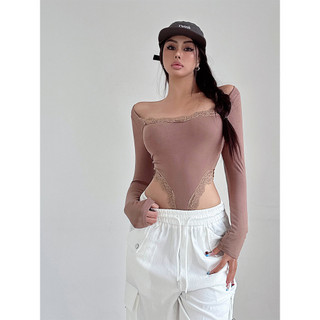 Cô Gái Cay Ren Viền Slim Fit Cổ Vuông Áo liền quần Áo Thun 2024 Gợi Cảm Dài Tay Top