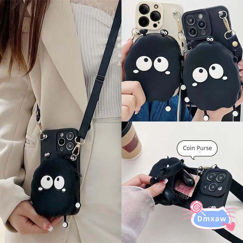 Dành Cho iPhone 16 Pro Max 16 Plus 15 14 13 12 Mini 11 Pro Max X XR XS Max 8 7 6 6s Plus SE Phim Hoạt Hình Ví Đựng Tiền Xu Ốp Điện Thoại Vỏ Ví Màu Đen Dễ Thương Có Dây Buộc