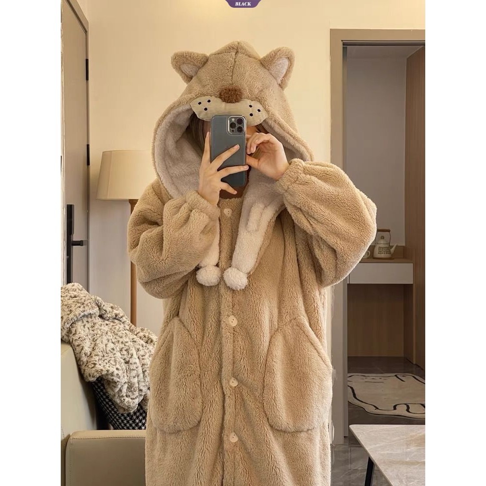 Little Lion Kirby Coral Fleece Bộ Đồ Ngủ Nữ Mùa Đông Đệm Dày Flannel Có Mũ Trùm Đầu Ấm Áp Mặc Ở Nhà Áo [BL]