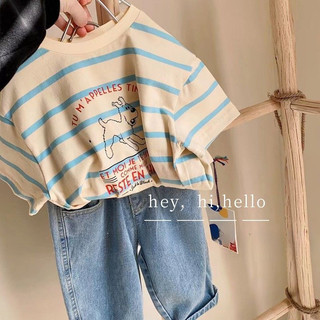 Áo thun ngắn tay trẻ em mùa hè mới, cotton nguyên chất, phong cách Hàn Quốc, in hình chó sọc, áo rộng cho bé trai và bé gái