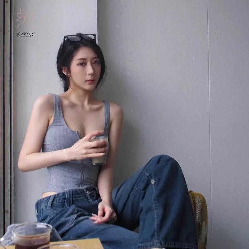 Hnkmp Summer Pure Desire Gợi Cảm Suspender Body Dây Kéo Nữ Cổ Chữ U Áo Ôm Không Tay.