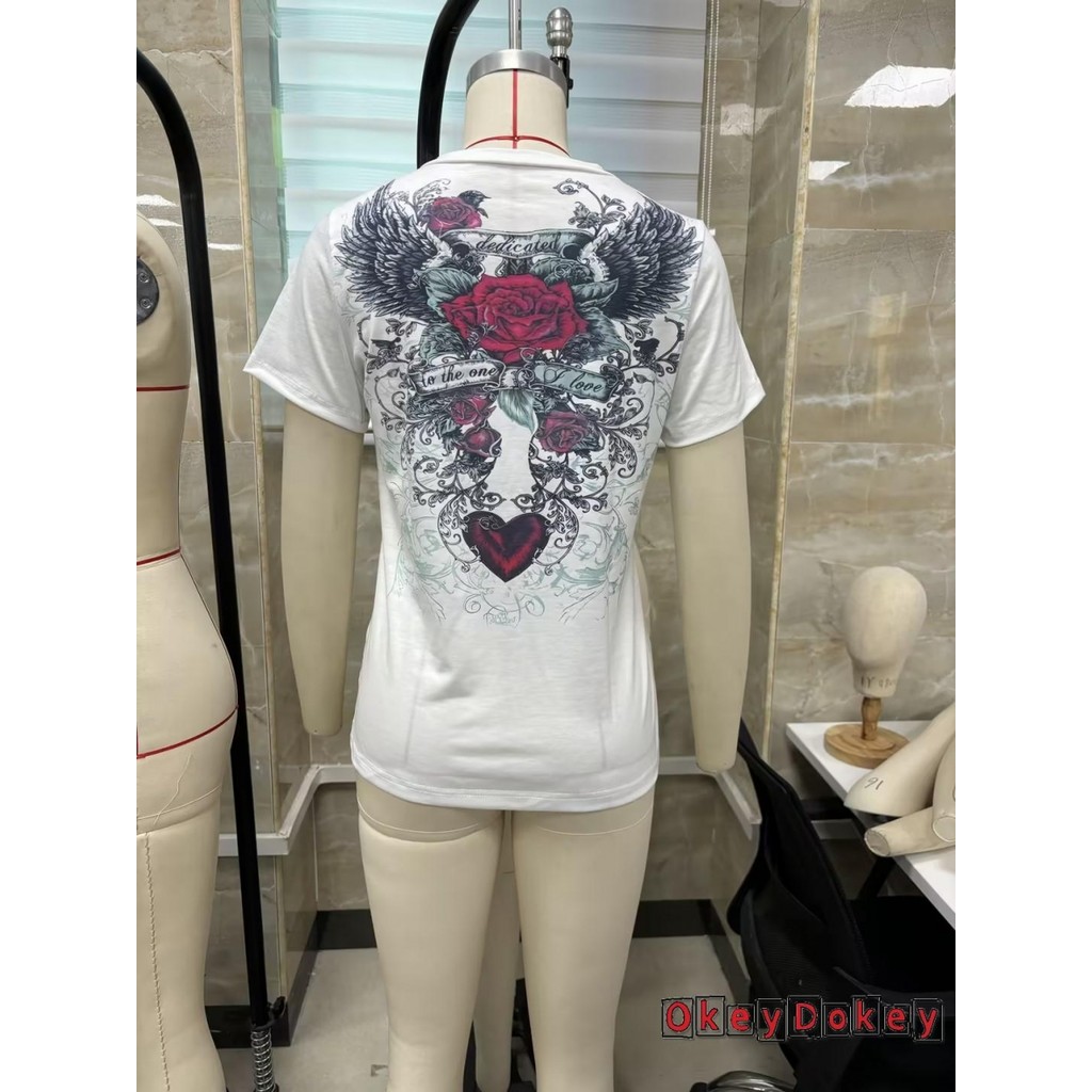 Okdk-áo thun ngắn tay dành cho nữ Gothic Rose Graphic Áo sơ mi cổ chữ V mùa hè Slim Fit Áo thường ngày dạo phố