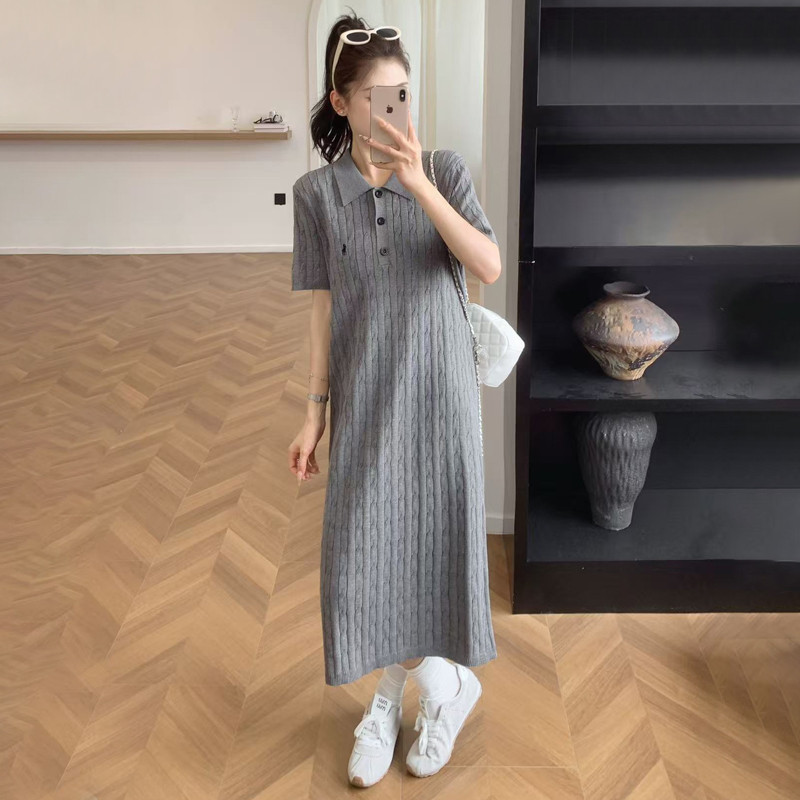 Trang phục bà bầu Mùa hè Phong cách mới Cổ áo POLO Váy dài vừa phải