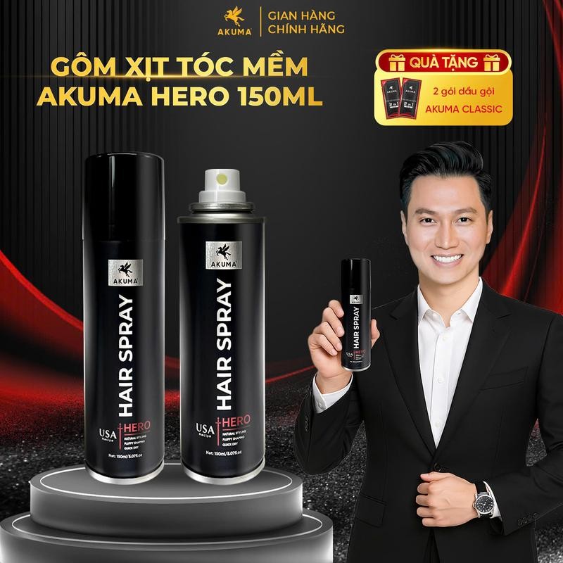 Ảnh Gôm xịt tóc mềm AKUMA HERO 150ml tạo độ phồng tự nhiên, giữ nếp tạo kiểu, không gây bết và nặng tóc. 1