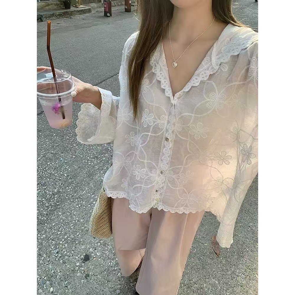 SUXI Áo sơ mi có mũ trùm đầu thêu hoa màu trắng phong cách Hàn Quốc mùa hè 250422