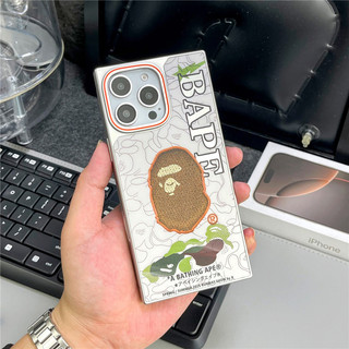 Ốp điện thoại hình vuông cho iPhone 16 15 14 13 11 12 Pro Max, phong cách retro, màu bạc nóng, bape