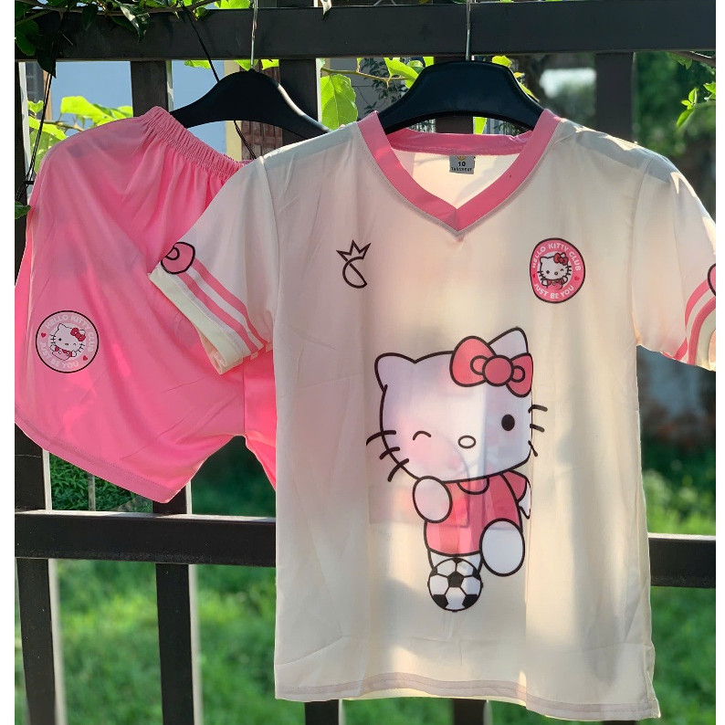 Bộ quần áo bóng đá, Bộ Hello Kitty, bộ áo đá banh vải thun mè- Có in tên số theo yêu cầu