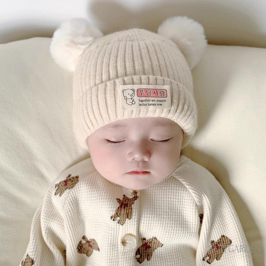 / / -Baby Girls Boys Beanie Bear Letter Patch Double Bobbles Thu Đông Mũ Ấm Áp Tập Đi Beanie Mũ Đan