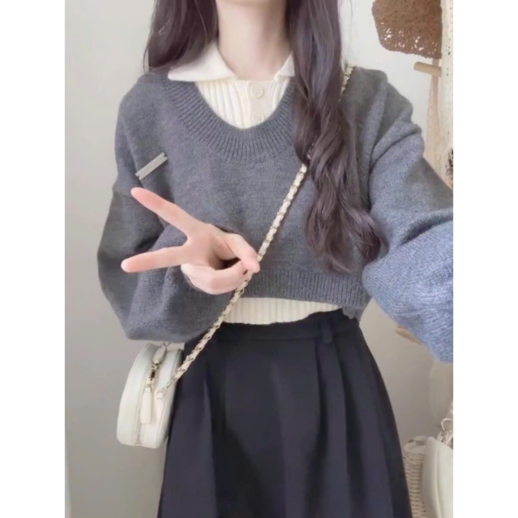 Áo len thu đông set 2 món thiết kế cổ sơ mi phối tay bồng hottrend XIMIMI SP242