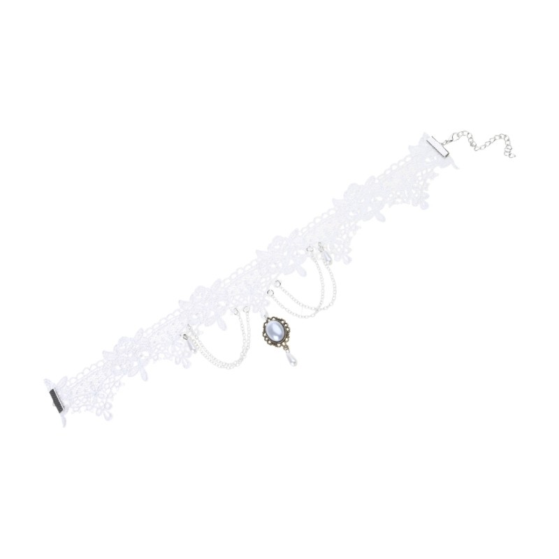 Chocker Ren Trắng Gothic Victorian Với Dangling Đá Quý