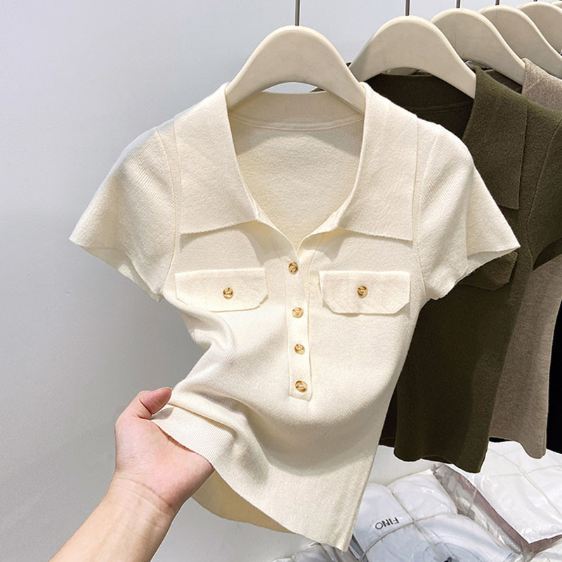 Áo thun ngắn tay cổ Polo nữ màu trơn đơn giản mùa hè mới 250423