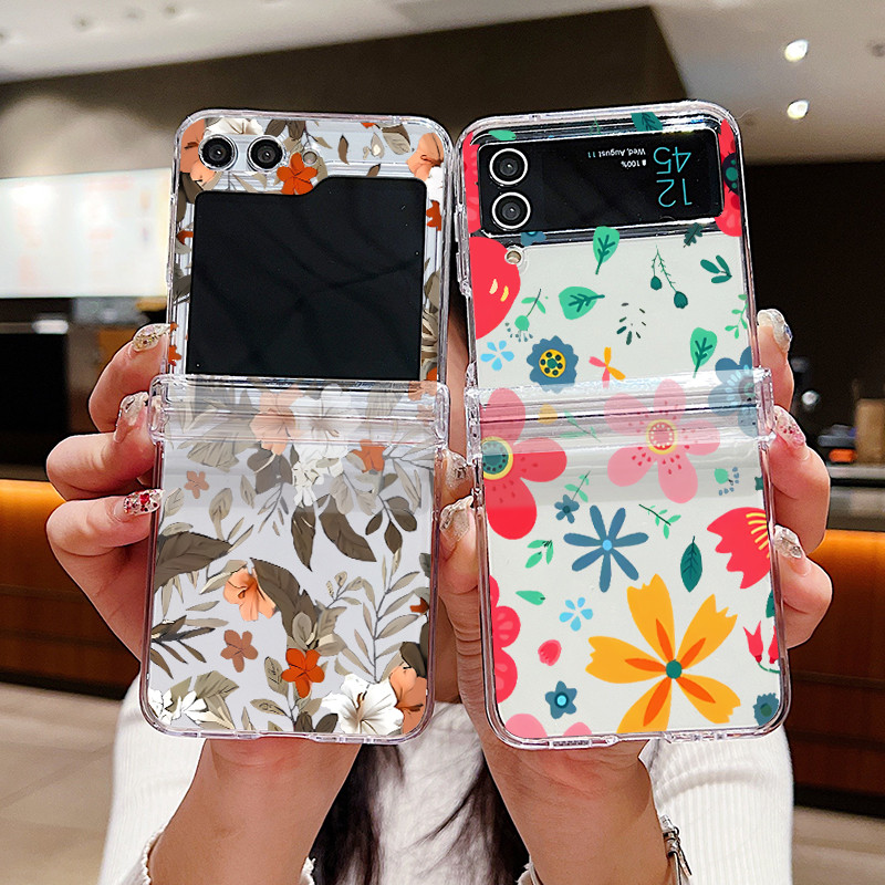Hoa Lãng Mạn Họa Tiết Hoa Trong Suốt Vỏ Điện Thoại Cho Samsung Galaxy Z Flip 6 Flip 5 Flip 4 5G Full Bản Lề Cứng PC Gấp Dành Cho Samsung Z Flip 6 5 4 3