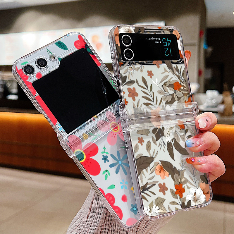 Hoa Lãng Mạn Họa Tiết Hoa Trong Suốt Vỏ Điện Thoại Cho Samsung Galaxy Z Flip 6 Flip 5 Flip 4 5G Full Bản Lề Cứng PC Gấp Dành Cho Samsung Z Flip 6 5 4 3