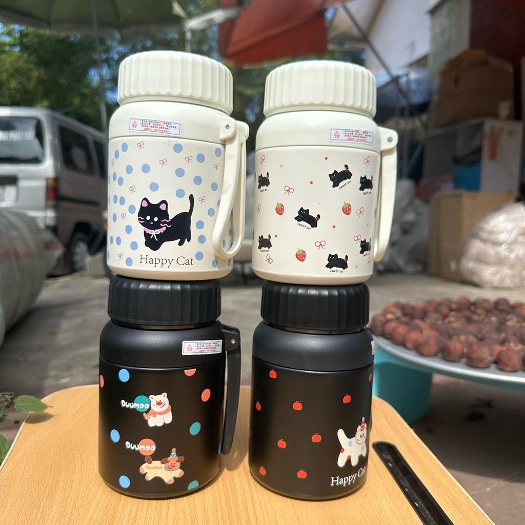Bình giữ nhiệt thép 316 cấp cao họa tiết mèo xinh dung tích 800ml Nắp vặn chắc chắn có dây cầm tay