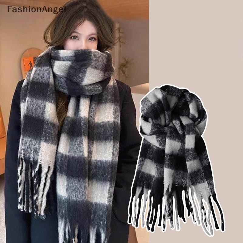 Fashionangel Kẻ Sọc Khăn Checkerboard Khăn Mềm Mại Nữ Mùa Đông Ấm Áp Kép Sử Dụng Khăn Choàng Dài Vintage Dày Khăn Choàng VN