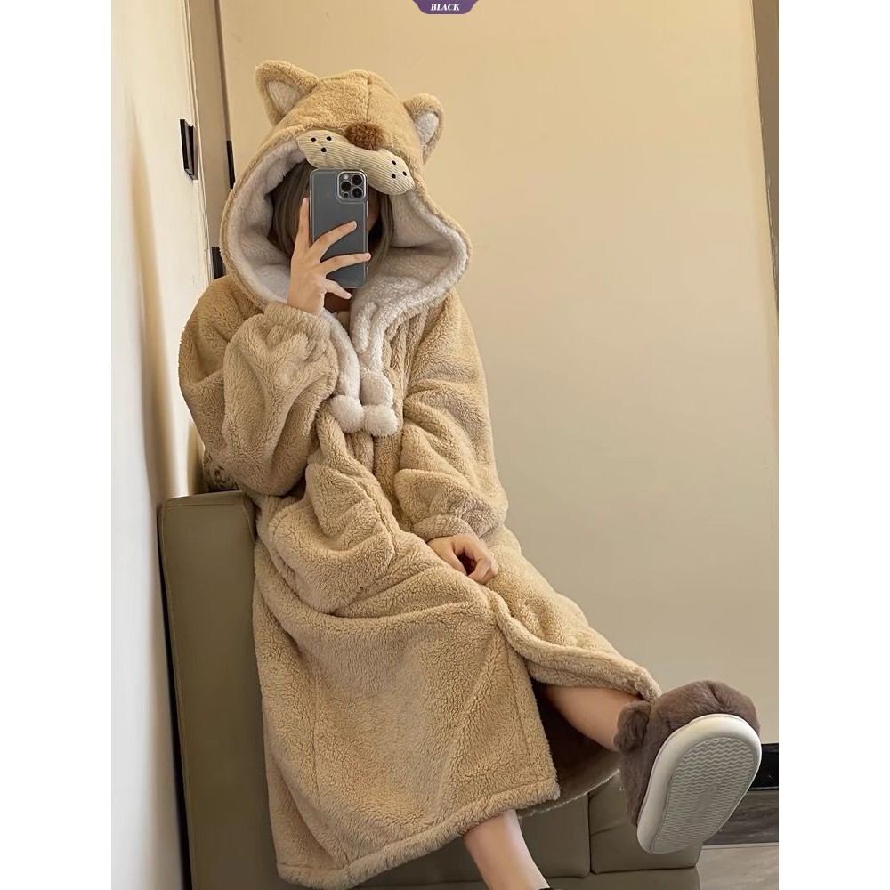 Little Lion Kirby Coral Fleece Bộ Đồ Ngủ Nữ Mùa Đông Đệm Dày Flannel Có Mũ Trùm Đầu Ấm Áp Mặc Ở Nhà Áo [BL]