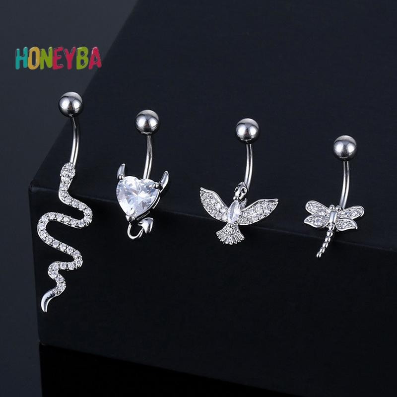 < Honeyba > Vòng Nút Bụng Pha Lê Hình Động Vật Bụng Thép Không Gỉ Trái Tim Rốn Cong Barbell Nhẫn Rốn Nhẫn Trang Sức Cơ Thể Gợi Cảm