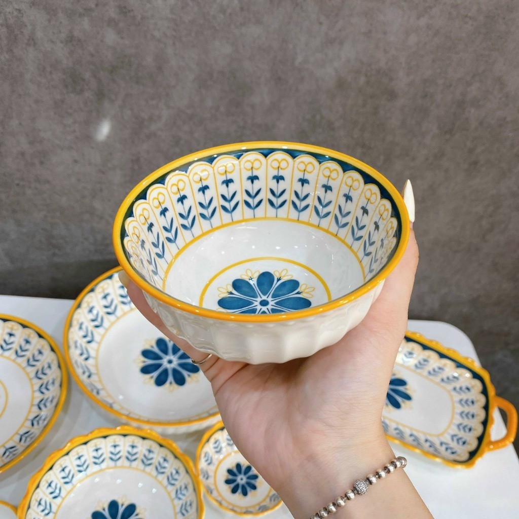Tách Lẻ Bộ Bát Đĩa Thổ Cẩm  Hoa Xanh Viền Vàng Nhật Bản Men Sáng Mịn Hàng Đẹp