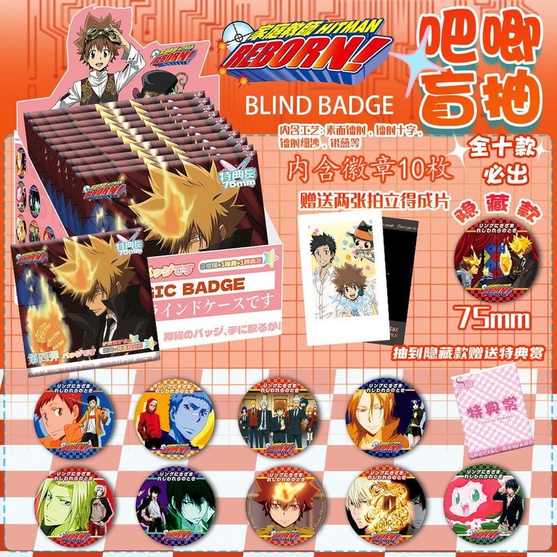 Katekyo Hitman tái sinh! Huy hiệu hộp mù | Chân nút lấp lánh 75MM | Tsunayoshi Sawada, Hayato Gokudera Hộp quà tặng đầy đủ 10 món