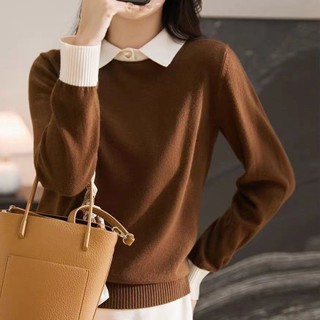 Nhẹ Sang Trọng Cao Cấp Tương Phản Màu Khâu Giả Hai Mảnh Dệt Kim polo Cổ Áo Chui Đầu Dài Tay Top Độc Đáo