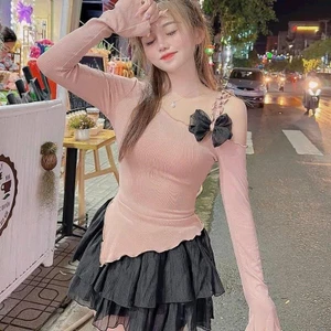 Áo thun đính nơ dây một bên vai , vạt xéo Nữ Top