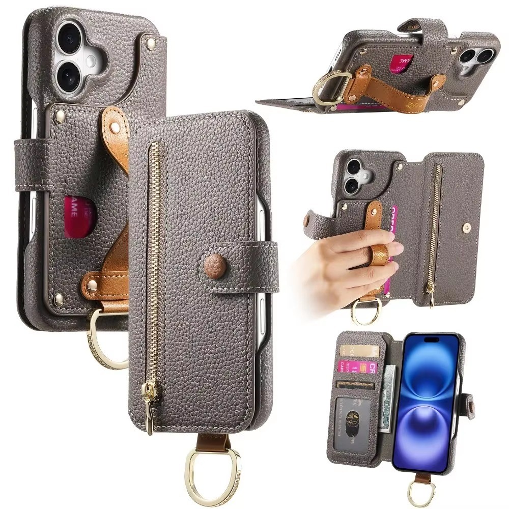 Ví Lật Khe Cắm Thẻ Ốp Lưng Điện Thoại Có Dây Đeo Cổ Tay & Nhẫn Cho iPhone 16 Pro Max 15 14 Plus 13 12 11 XS XR SE 2022 7 8