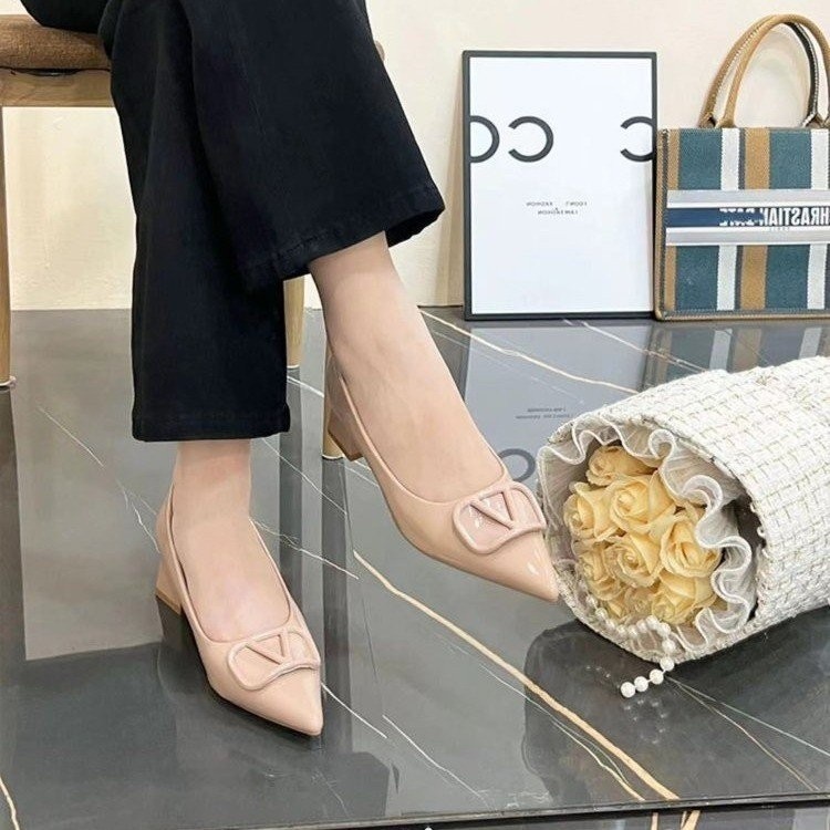 Giày cao gót nữ mũi nhọn kiểu Pháp, đế thô chống trượt, chất liệu PU, thiết kế một bàn đạp cho công sở, thời trang thường ngày