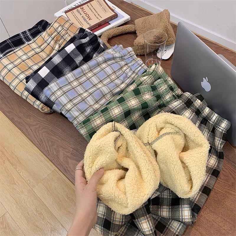 Quần kẻ sọc lót nhung màu đỏ quần ống rộng ống đứng đơn giản kéo dài cạp cao mùa thu đông