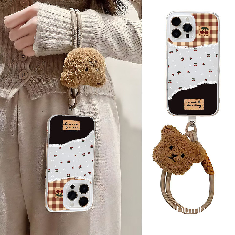 ibumpers Ốp Điện Thoại iPhone Hình Gấu Ca Rô Phong Cách Nữ Tính Với Dây Vhuyền Treo Hình Gấu Lông Tơ Ốp Lưng Trong Suốt Nhám Mờ Chống Bẩn Chống Sốc Cho IPhone 16 15 14 12 13 11 Pro Max IP 7 8 Plus X XS XR