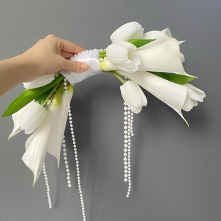 Bó hoa cưới cầm tay cô dâu, bó hoa chụp ảnh từ hoa nhân tạo, hoa rum , tulip và hạt trai Ceveria C0255