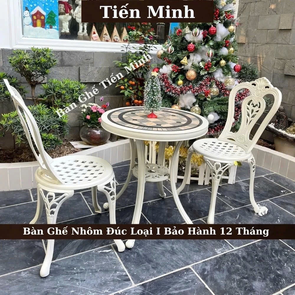 Bộ bàn ghế ban công ngoài trời Nhôm đúc Bàn ghế sân vườn ngoài trời Tròn mặt bàn đá gốm đẹp - TM40
